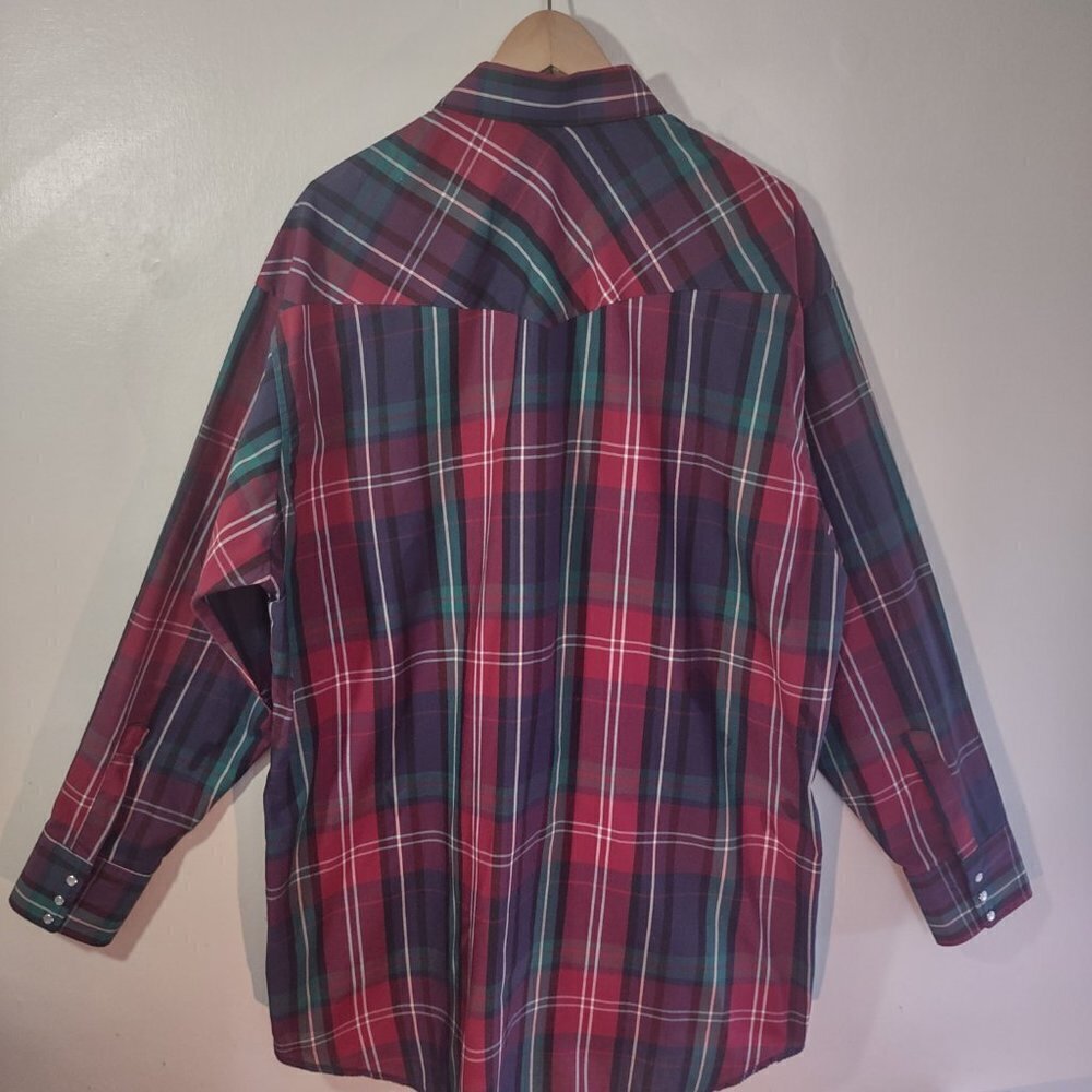 Vintage Wrangler Western Plaid Men's Shirt Pearl Snaps Size XL Tall - Picture 5 of 8